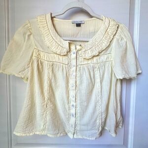 American Eagle Soft Yellow Button Front Blouse Lace Trim Ruffle Collar